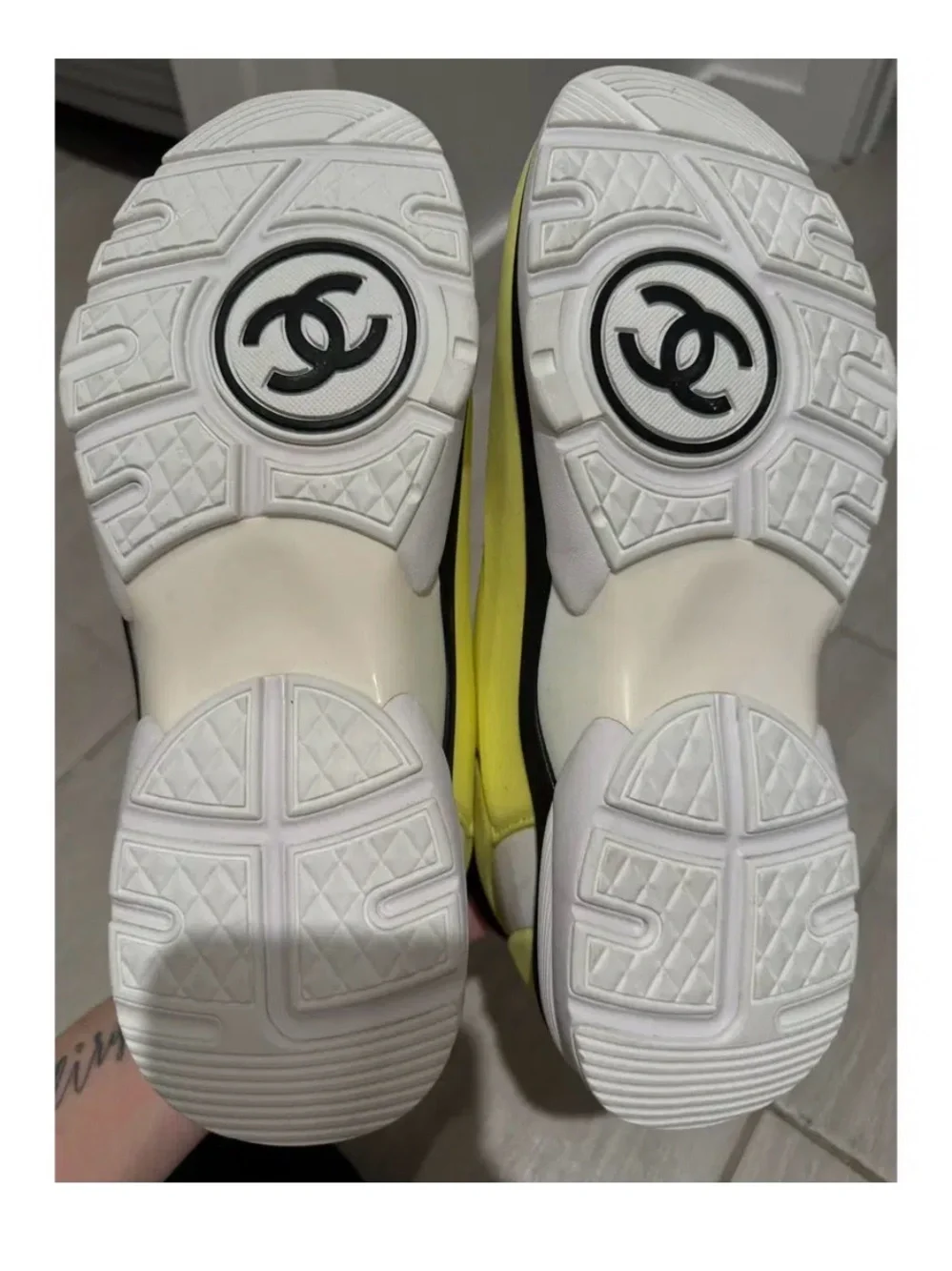 CHANEL Women’s Neon Yellow and White Logo Sneakers